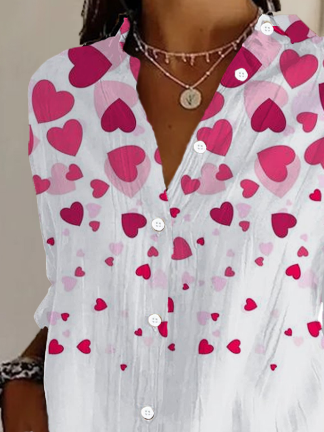 Valentine's Day Long Sleeve Heart/Cordate Buckle Regular Loose Button Up Shirt Shirt For Women