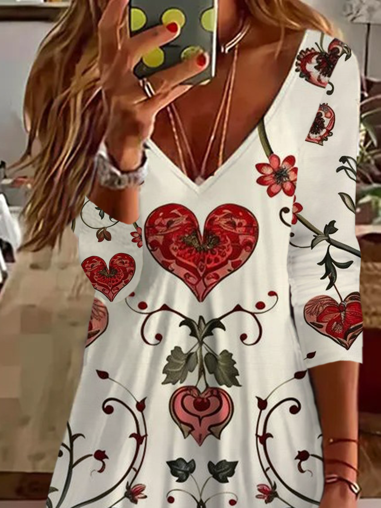 Women Floral V Neck Long Sleeve Comfy Casual Printing Midi Dress