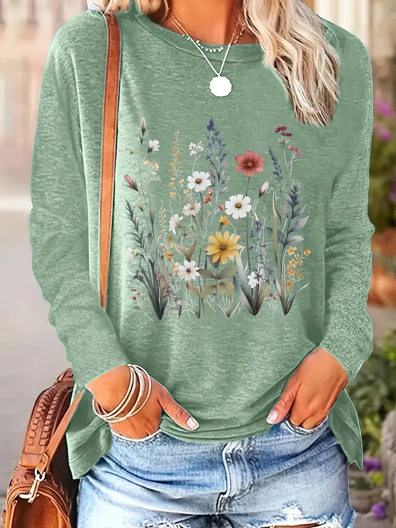 Casual Floral Crew Neck Long Sleeve T-shirt