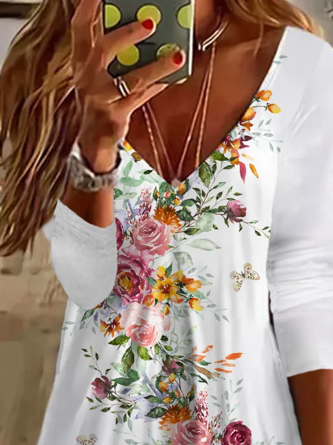 Women Floral V Neck Long Sleeve Comfy Casual Printing Midi Dress