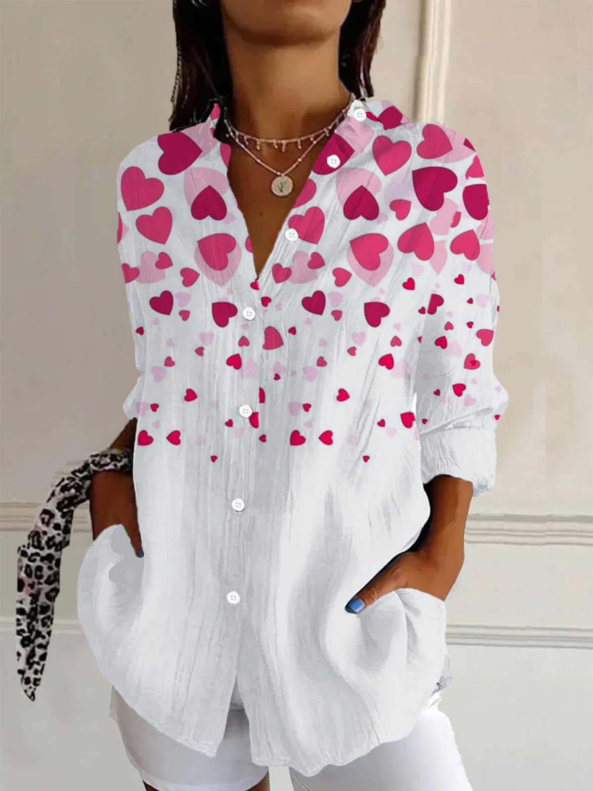 Valentine's Day Long Sleeve Heart/Cordate Buckle Regular Loose Button Up Shirt Shirt For Women