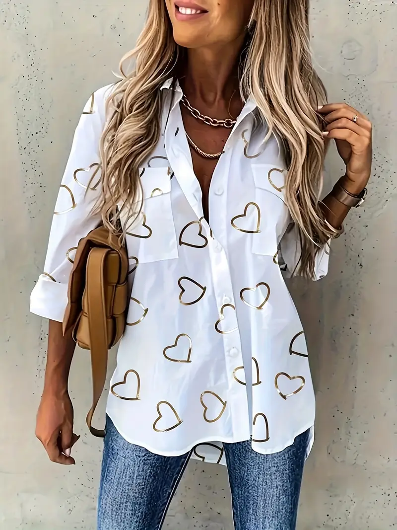 Shirt Collar Long Sleeve Heart/Cordate Printing Regular Loose Button Up Shirt Shirt For Women