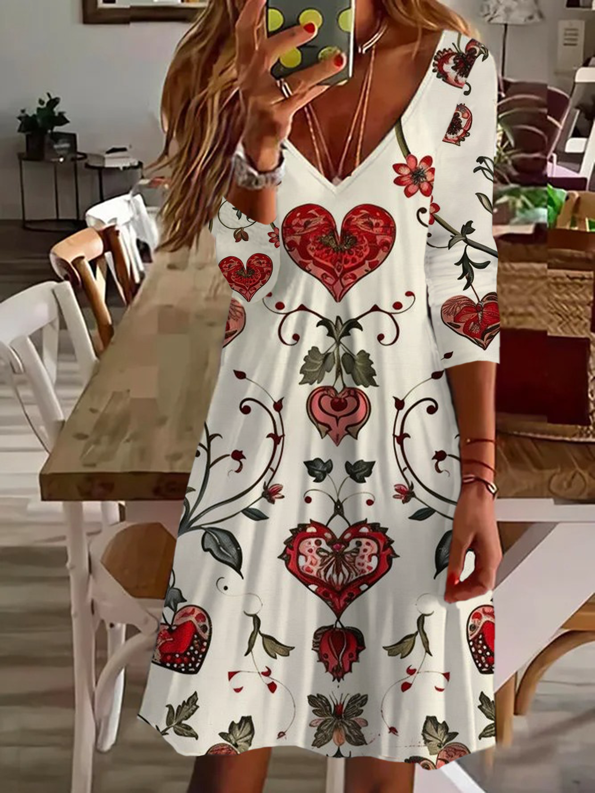 Women Floral V Neck Long Sleeve Comfy Casual Printing Midi Dress