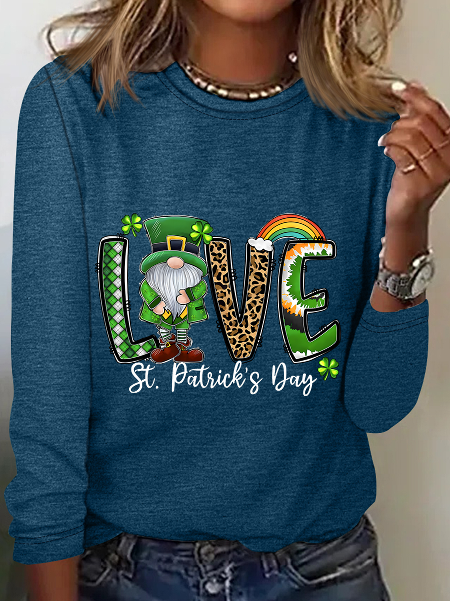 St. Patrick's Day Crew Neck Long Sleeve Text Letters Regular Medium Elasticity Loose Blouse For Women