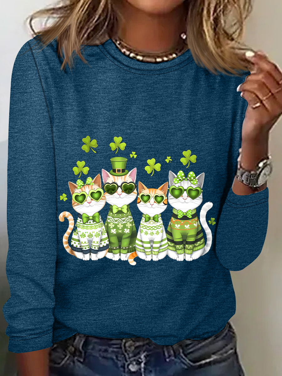 St. Patrick's Day Crew Neck Long Sleeve Cat Regular Medium Elasticity Loose Blouse For Women