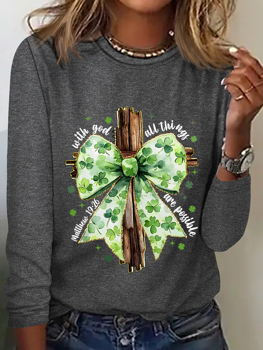 St. Patrick's Day Crew Neck Long Sleeve Text Letters Regular Medium Elasticity Loose Blouse For Women