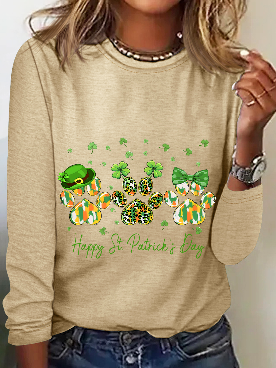 St. Patrick's Day Crew Neck Long Sleeve Text Letters Regular Medium Elasticity Loose Blouse For Women