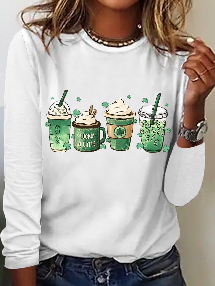 St. Patrick's Day Crew Neck Long Sleeve Cartoon Regular Medium Elasticity Loose Blouse For Women