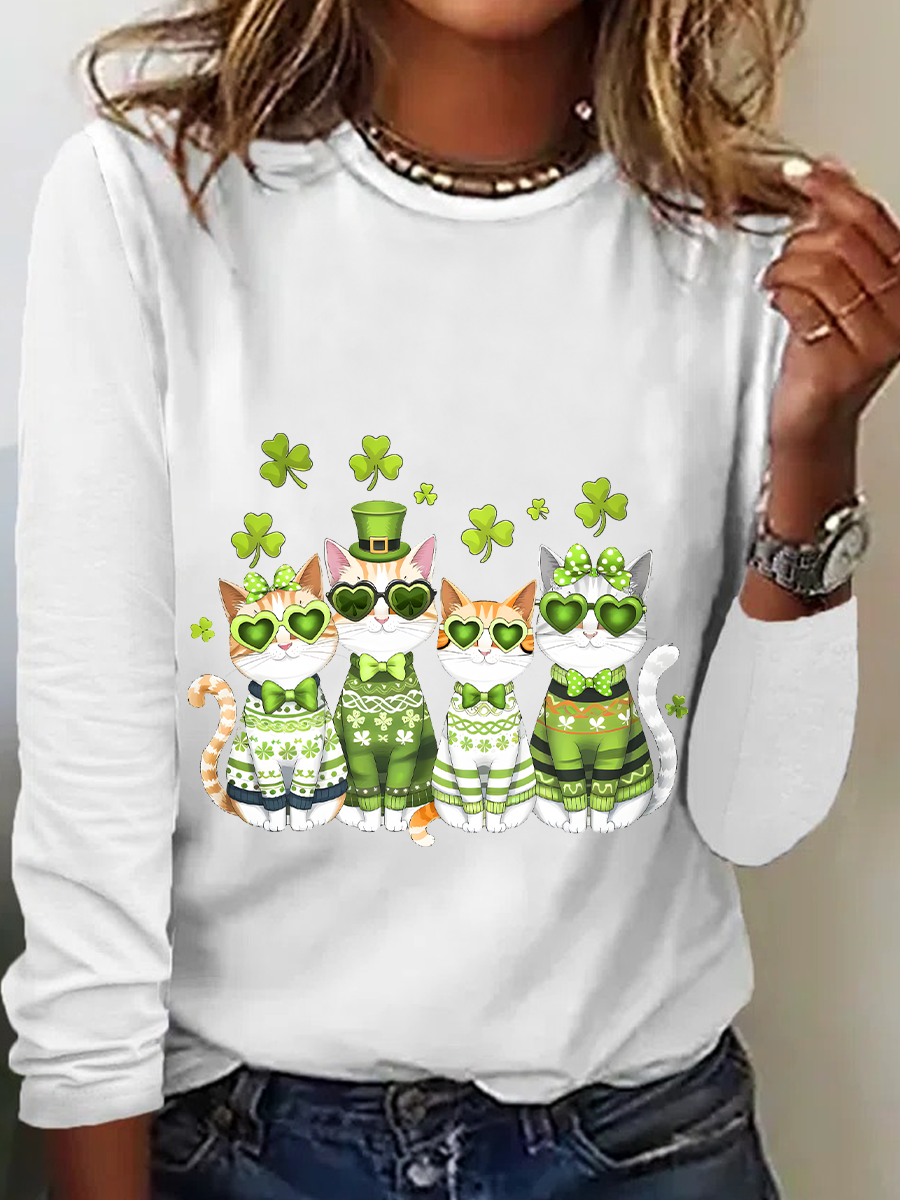 St. Patrick's Day Crew Neck Long Sleeve Cat Regular Medium Elasticity Loose Blouse For Women