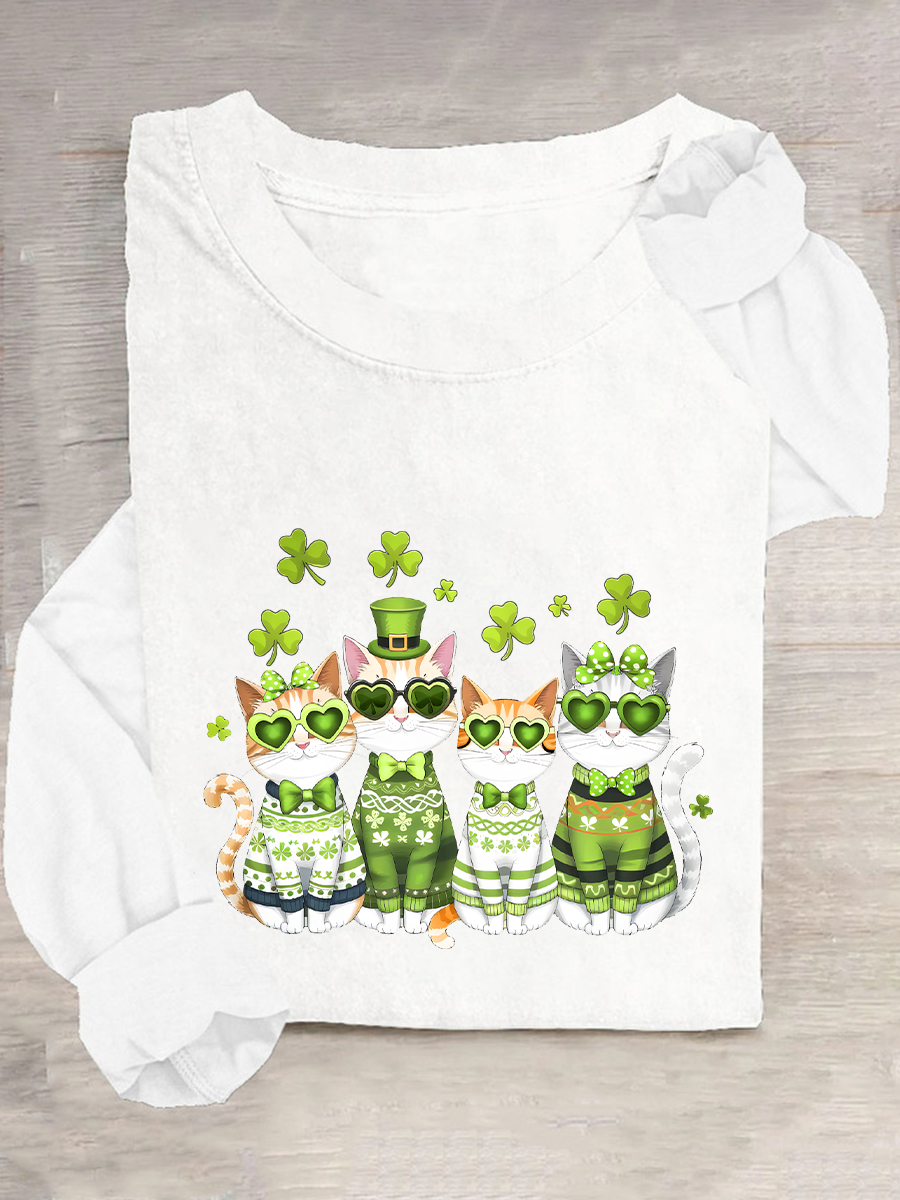 St. Patrick's Day Crew Neck Long Sleeve Cat Regular Medium Elasticity Loose Blouse For Women