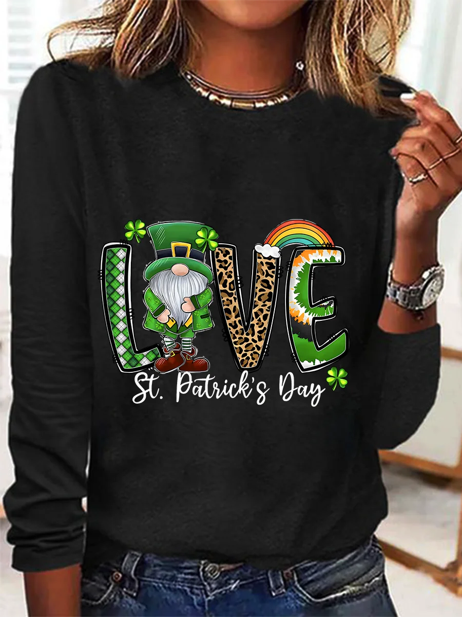 St. Patrick's Day Crew Neck Long Sleeve Text Letters Regular Medium Elasticity Loose Blouse For Women