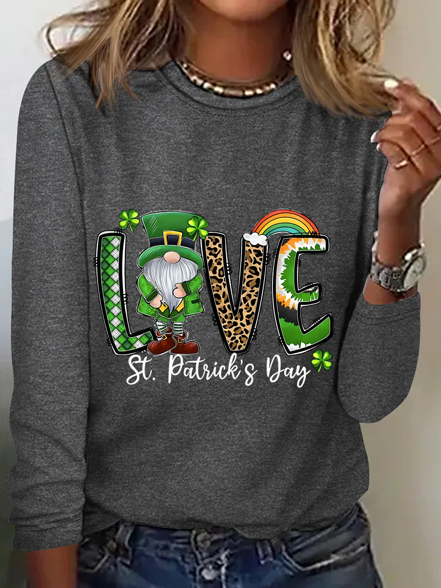 St. Patrick's Day Crew Neck Long Sleeve Text Letters Regular Medium Elasticity Loose Blouse For Women