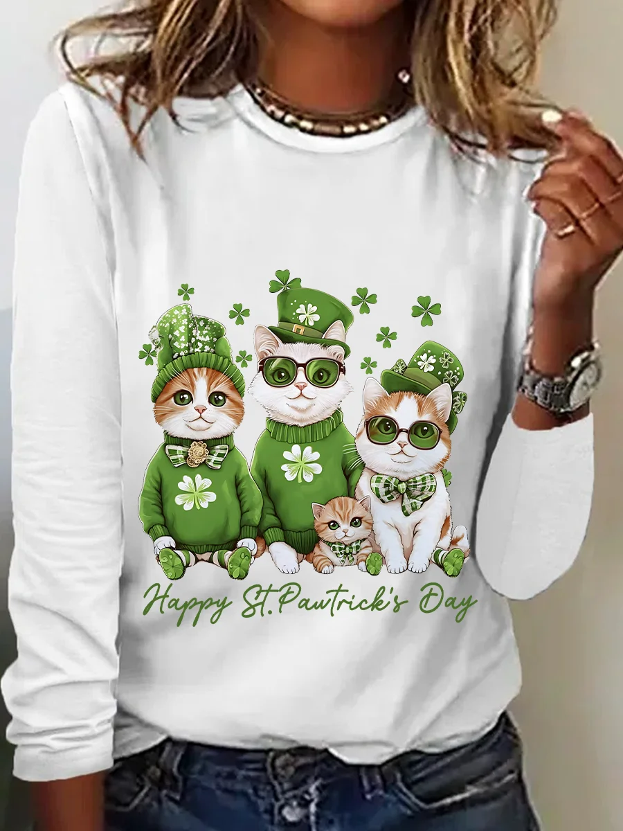 St. Patrick's Day Crew Neck Long Sleeve Text Letters Regular Medium Elasticity Loose Blouse For Women