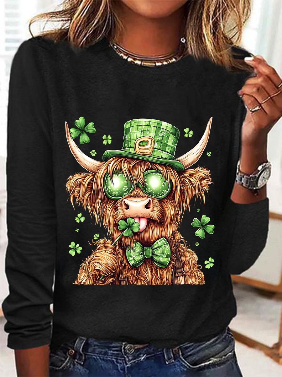 St. Patrick's Day Crew Neck Long Sleeve Cattle Regular Medium Elasticity Loose Blouse For Women