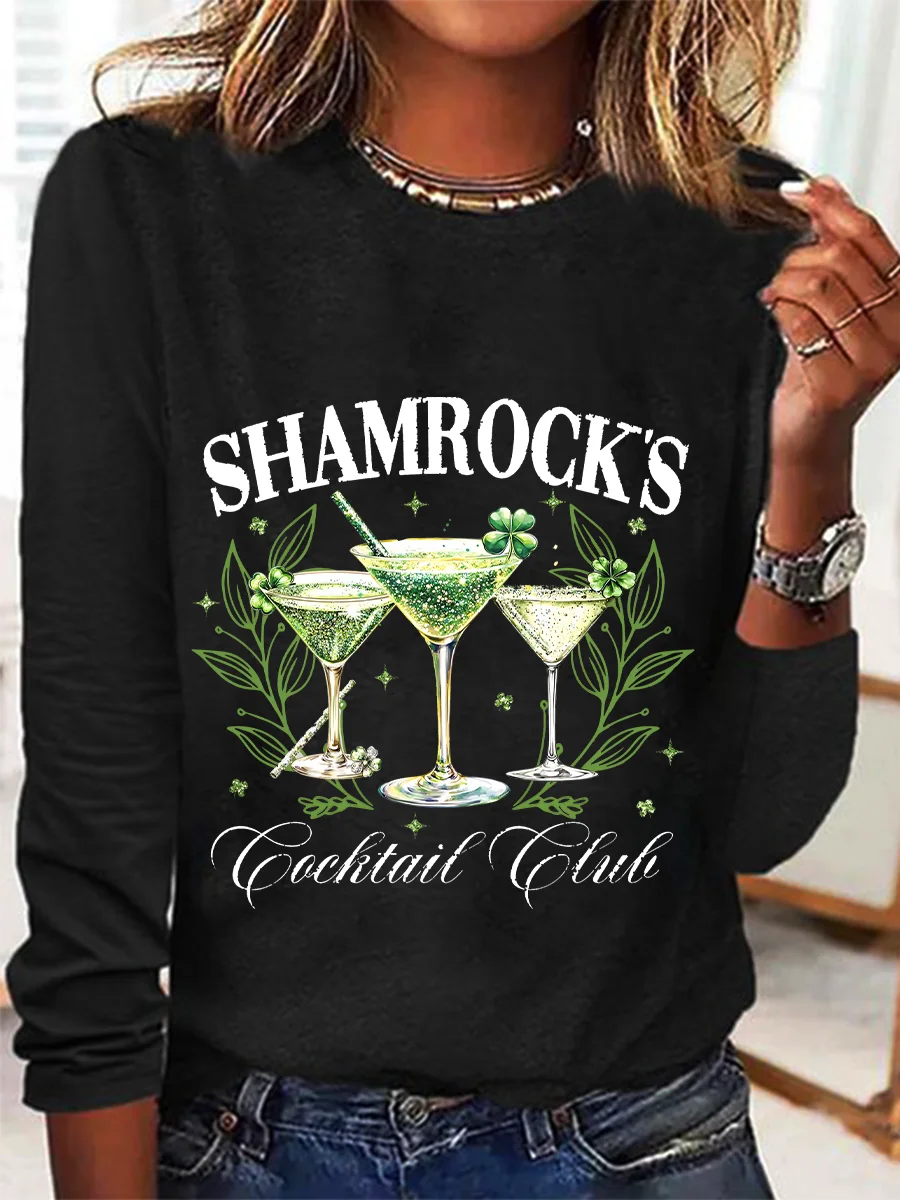 St. Patrick's Day Crew Neck Long Sleeve Text Letters Regular Medium Elasticity Loose Blouse For Women