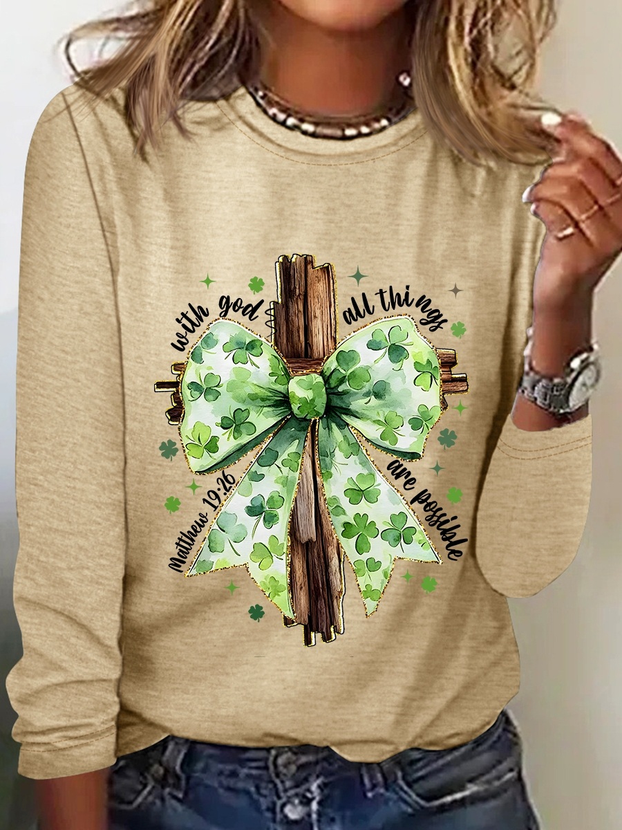 St. Patrick's Day Crew Neck Long Sleeve Text Letters Regular Medium Elasticity Loose Blouse For Women