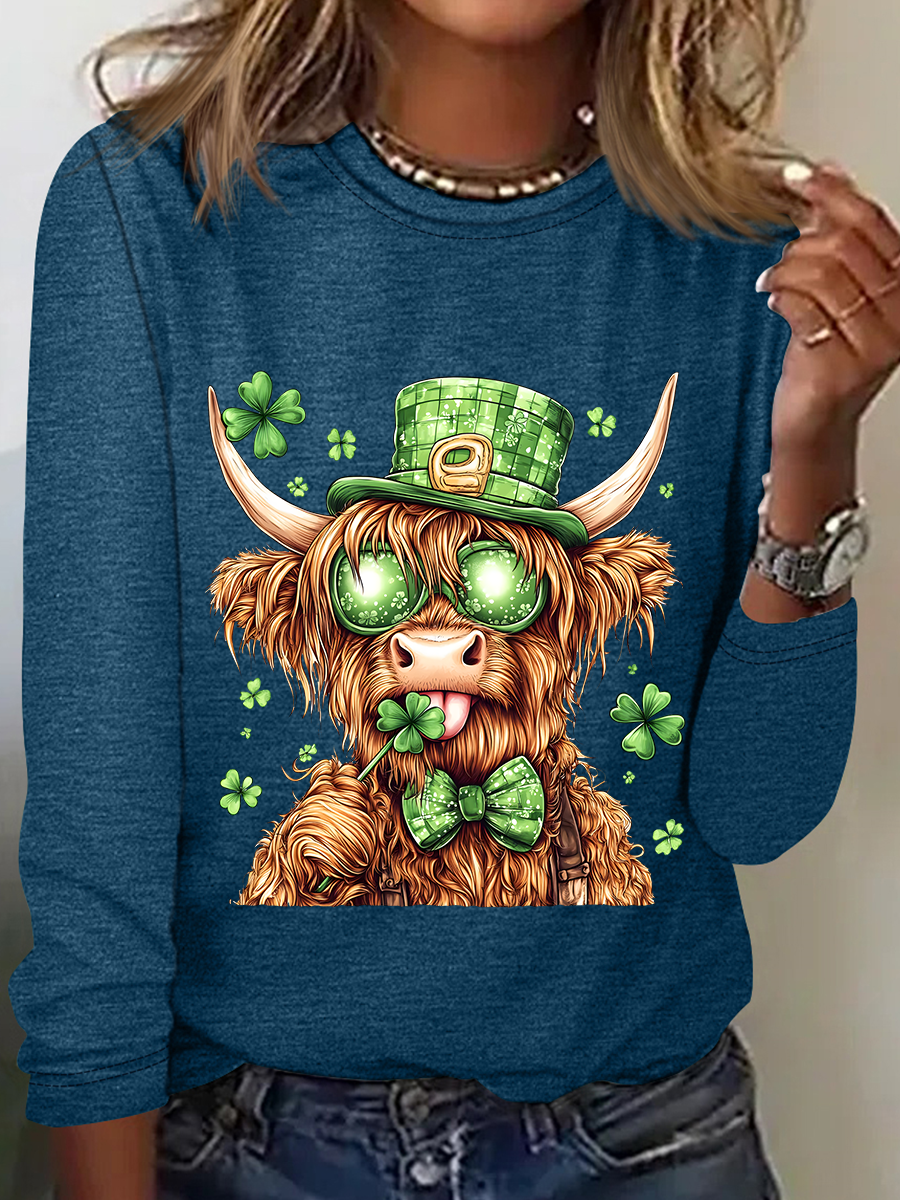 St. Patrick's Day Crew Neck Long Sleeve Cattle Regular Medium Elasticity Loose Blouse For Women