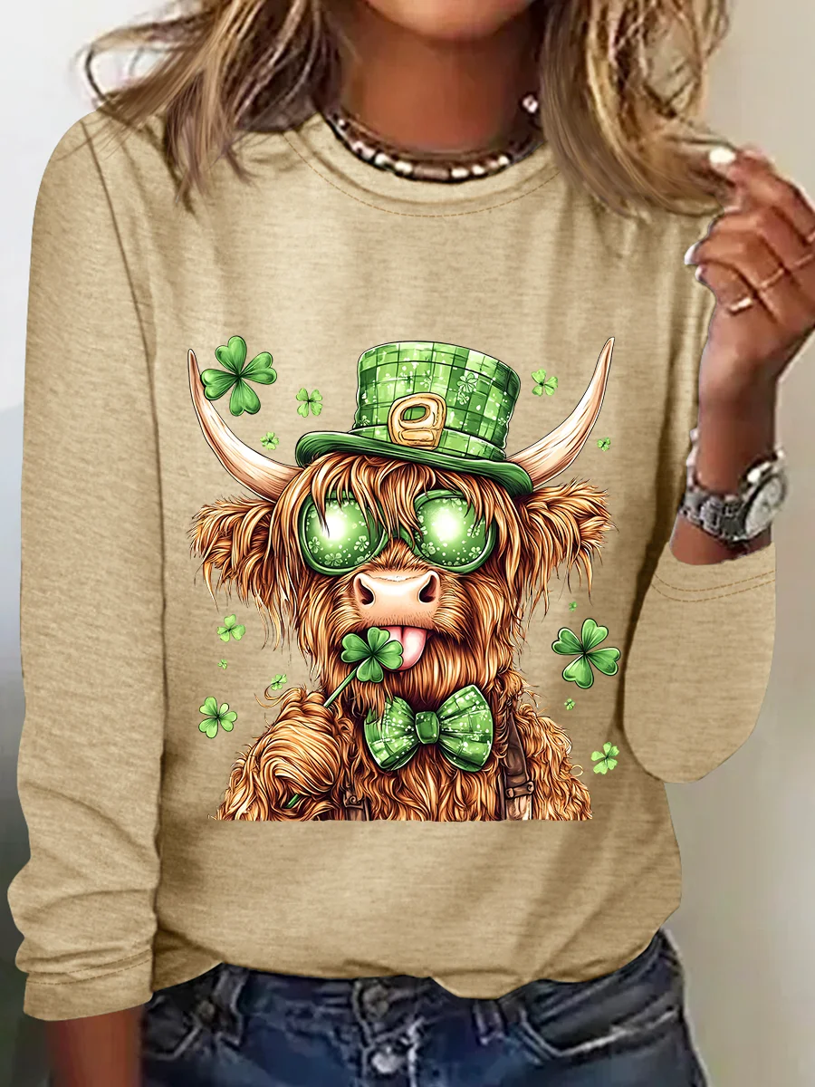 St. Patrick's Day Crew Neck Long Sleeve Cattle Regular Medium Elasticity Loose Blouse For Women