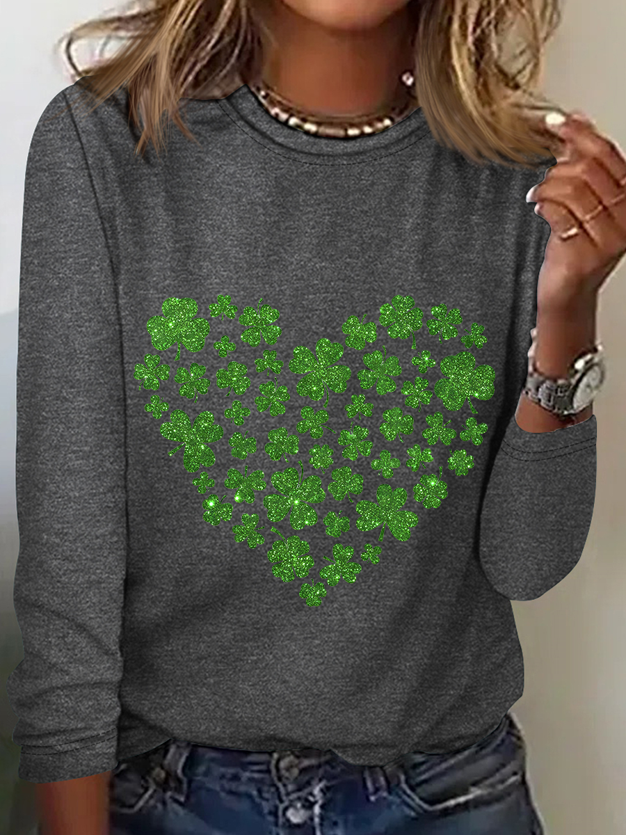 St. Patrick's Day Crew Neck Long Sleeve Heart/Cordate Regular Medium Elasticity Loose Blouse For Women