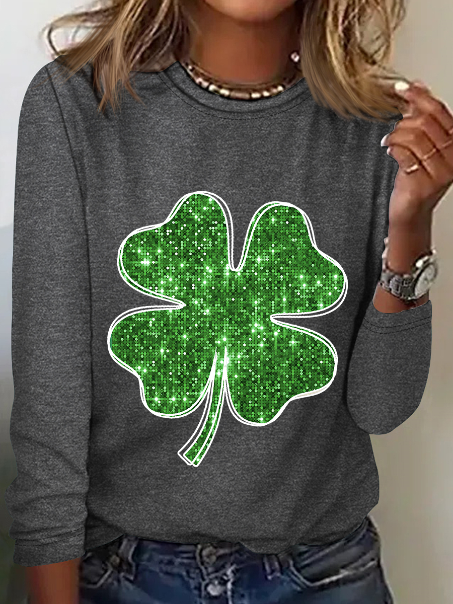 St. Patrick's Day Crew Neck Long Sleeve Four-leaf Clover Regular Medium Elasticity Loose Blouse For Women