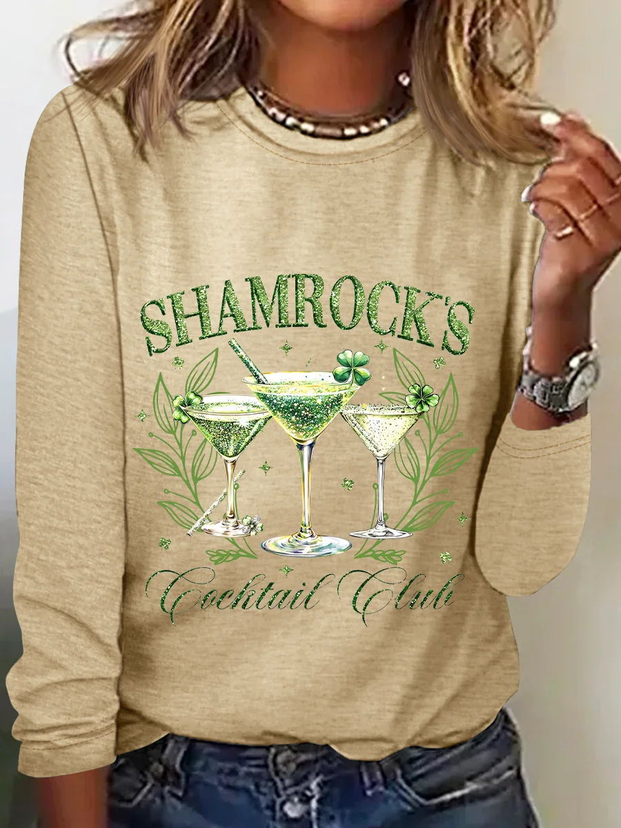 St. Patrick's Day Crew Neck Long Sleeve Text Letters Regular Medium Elasticity Loose Blouse For Women