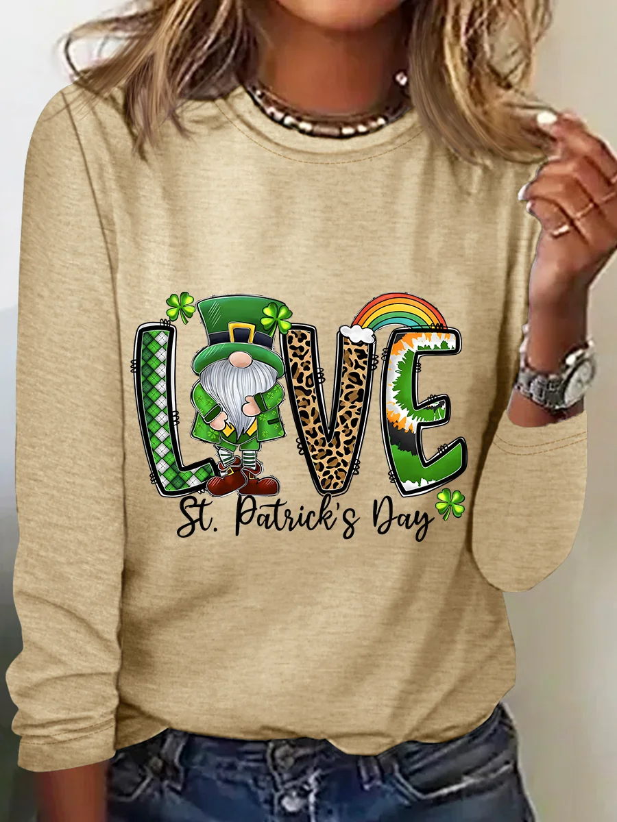 St. Patrick's Day Crew Neck Long Sleeve Text Letters Regular Medium Elasticity Loose Blouse For Women