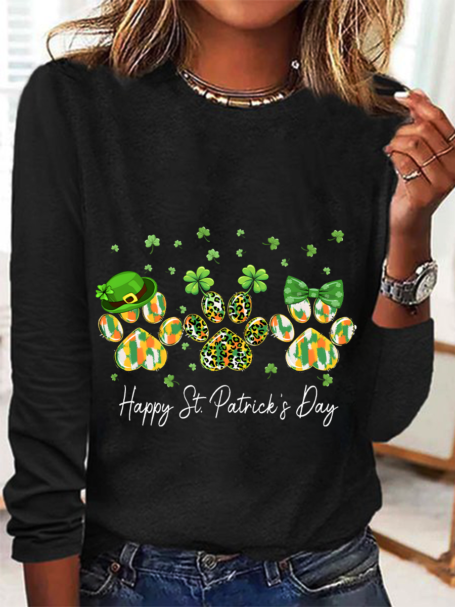 St. Patrick's Day Crew Neck Long Sleeve Text Letters Regular Medium Elasticity Loose Blouse For Women