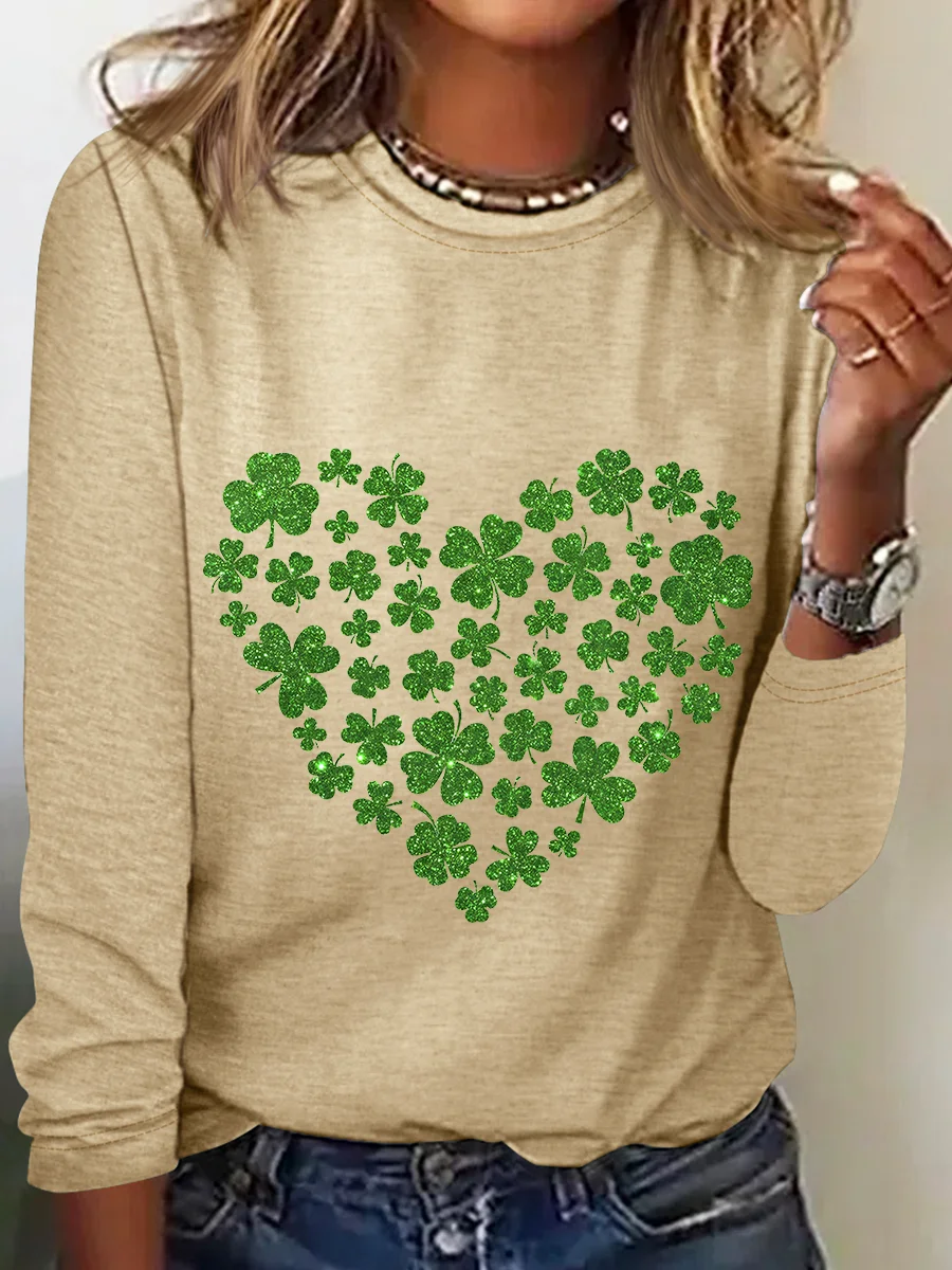 St. Patrick's Day Crew Neck Long Sleeve Heart/Cordate Regular Medium Elasticity Loose Blouse For Women