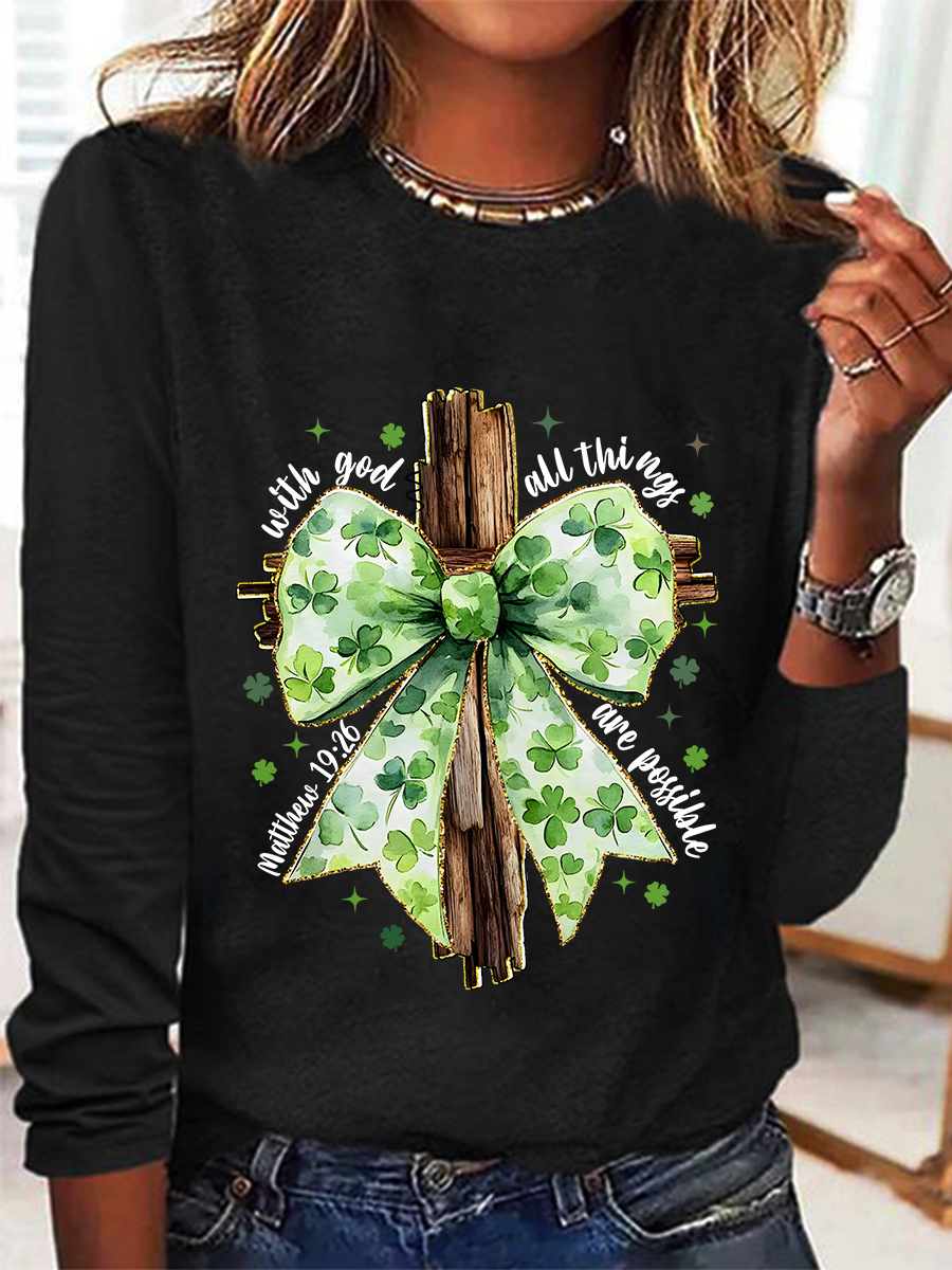 St. Patrick's Day Crew Neck Long Sleeve Text Letters Regular Medium Elasticity Loose Blouse For Women