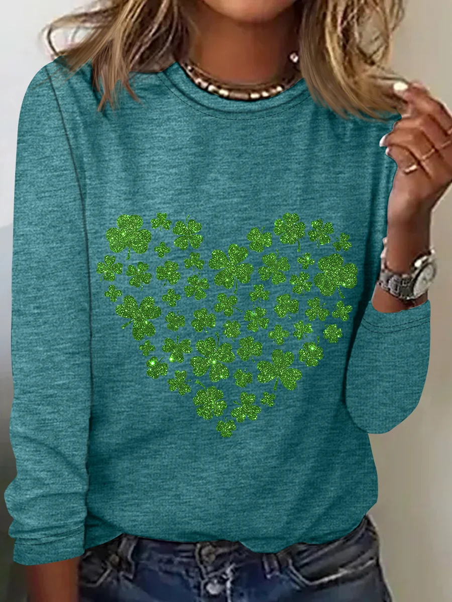 St. Patrick's Day Crew Neck Long Sleeve Heart/Cordate Regular Medium Elasticity Loose Blouse For Women