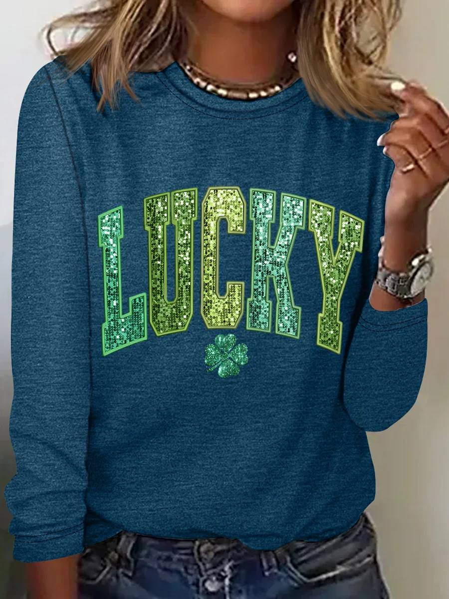 St. Patrick's Day Crew Neck Long Sleeve Text Letters Regular Medium Elasticity Loose Blouse For Women