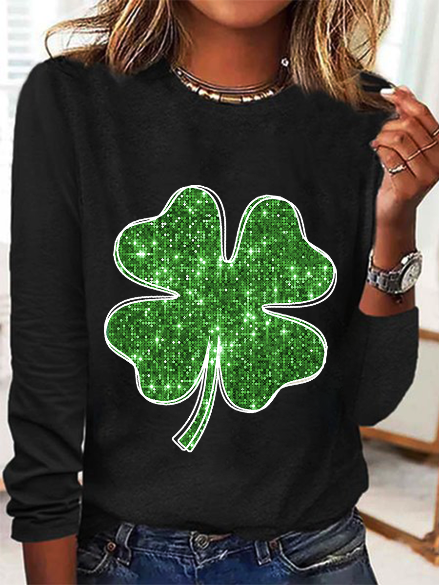 St. Patrick's Day Crew Neck Long Sleeve Four-leaf Clover Regular Medium Elasticity Loose Blouse For Women