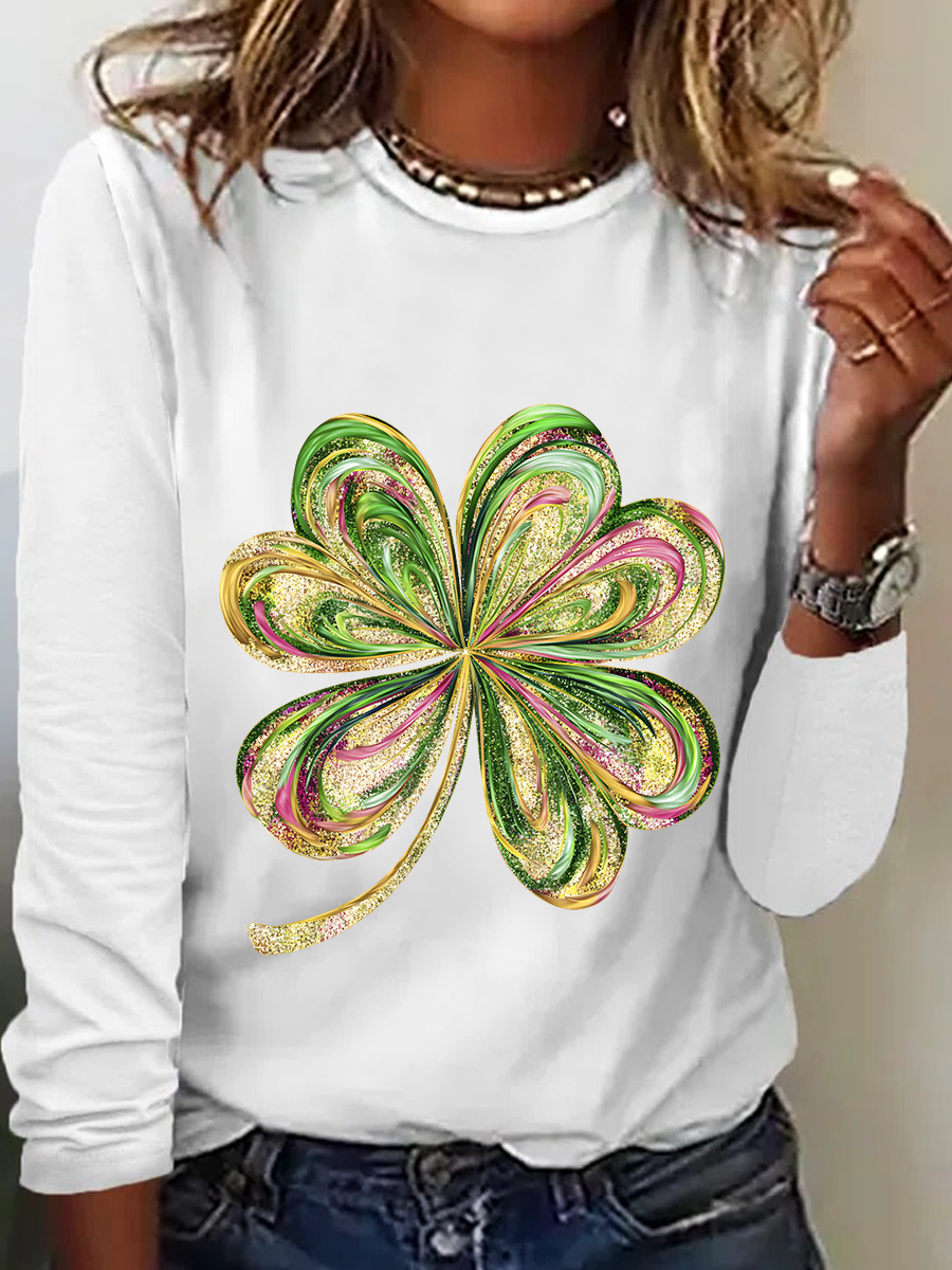 St. Patrick's Day Four-leaf Clover Regular Medium Elasticity Loose Blouse For Women