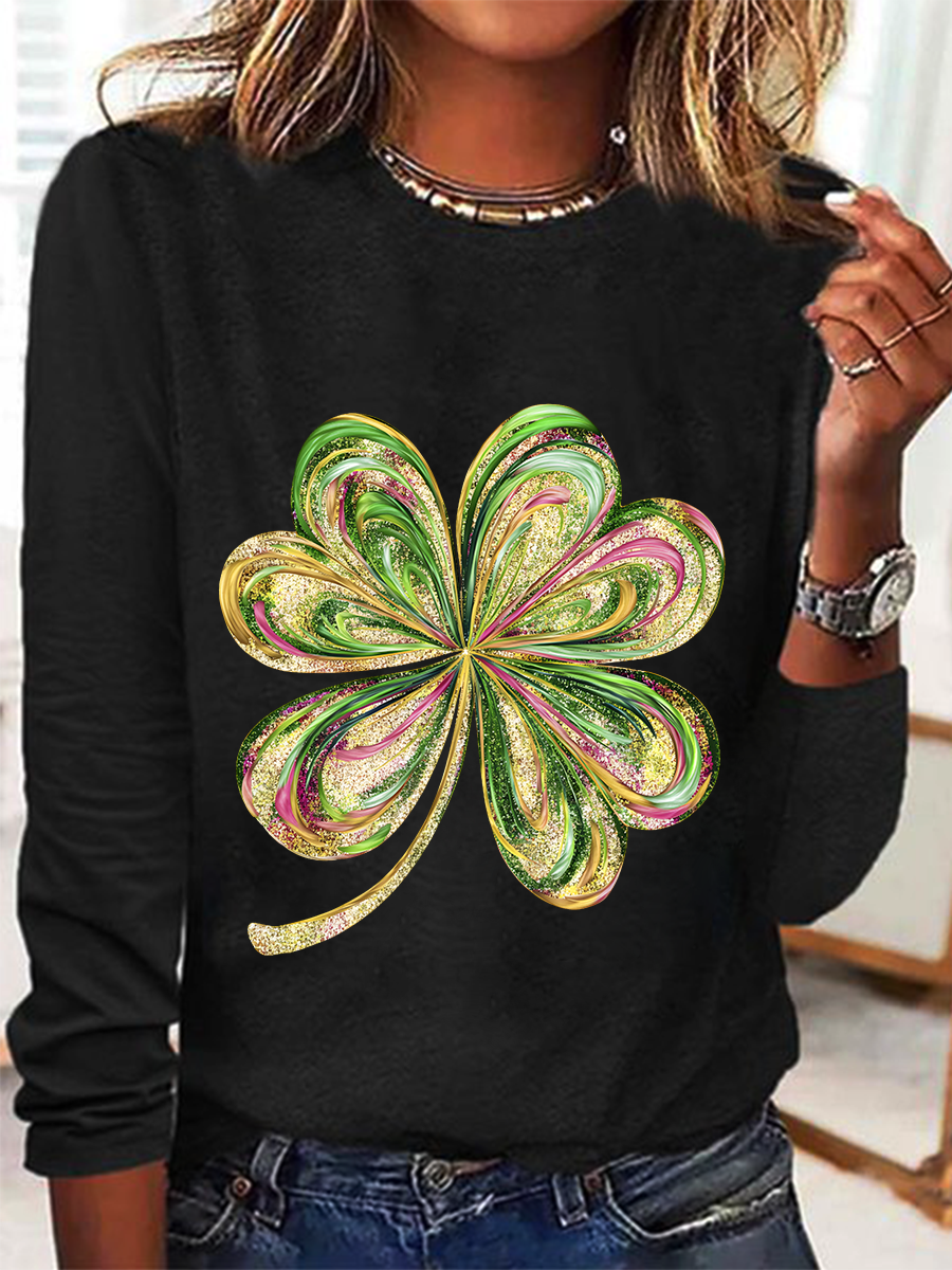 St. Patrick's Day Four-leaf Clover Regular Medium Elasticity Loose Blouse For Women