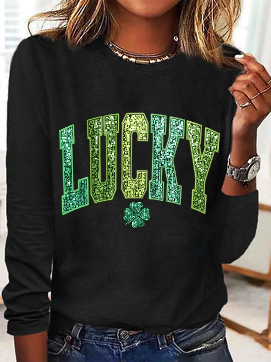 St. Patrick's Day Crew Neck Long Sleeve Text Letters Regular Medium Elasticity Loose Blouse For Women