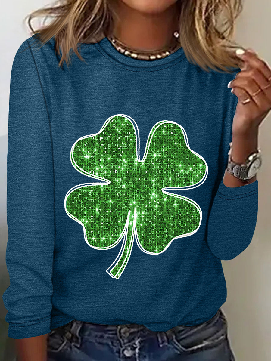 St. Patrick's Day Crew Neck Long Sleeve Four-leaf Clover Regular Medium Elasticity Loose Blouse For Women