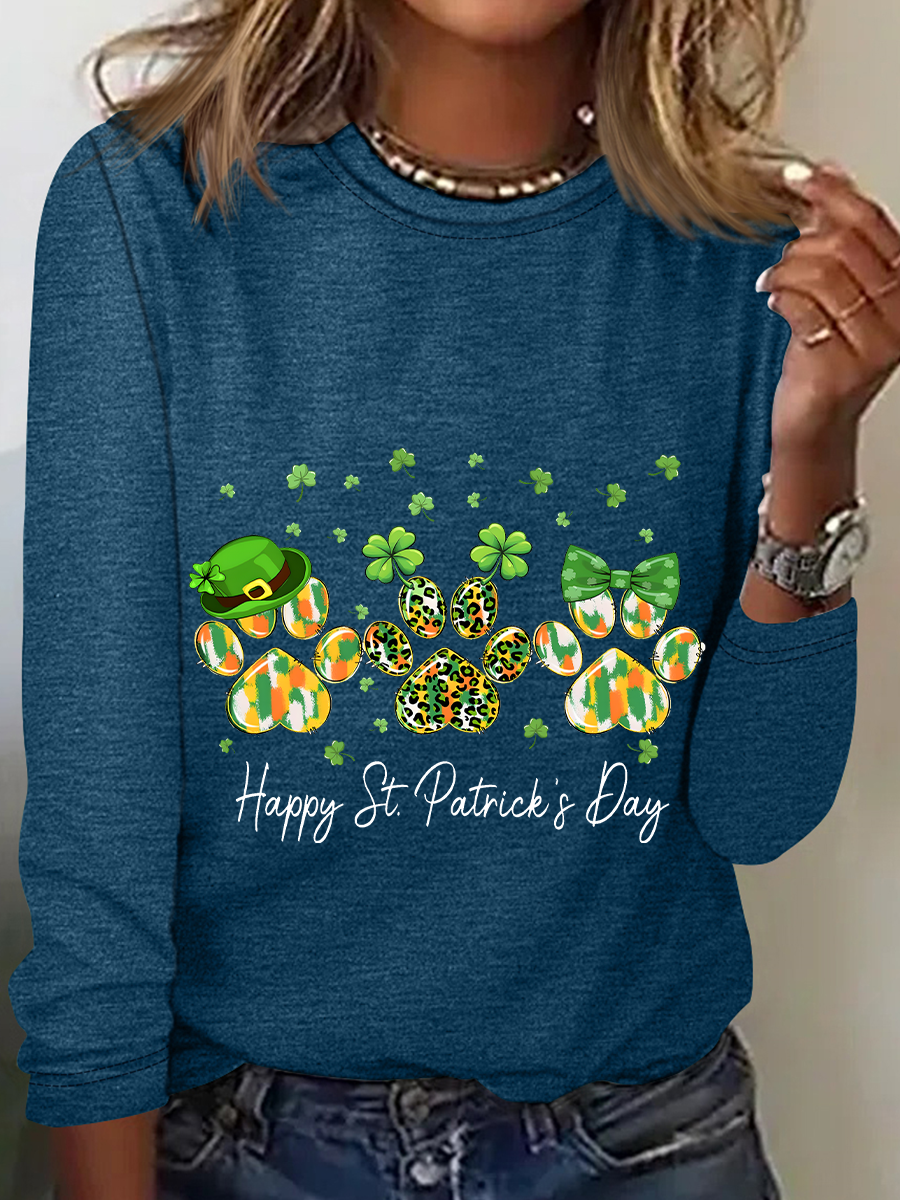 St. Patrick's Day Crew Neck Long Sleeve Text Letters Regular Medium Elasticity Loose Blouse For Women