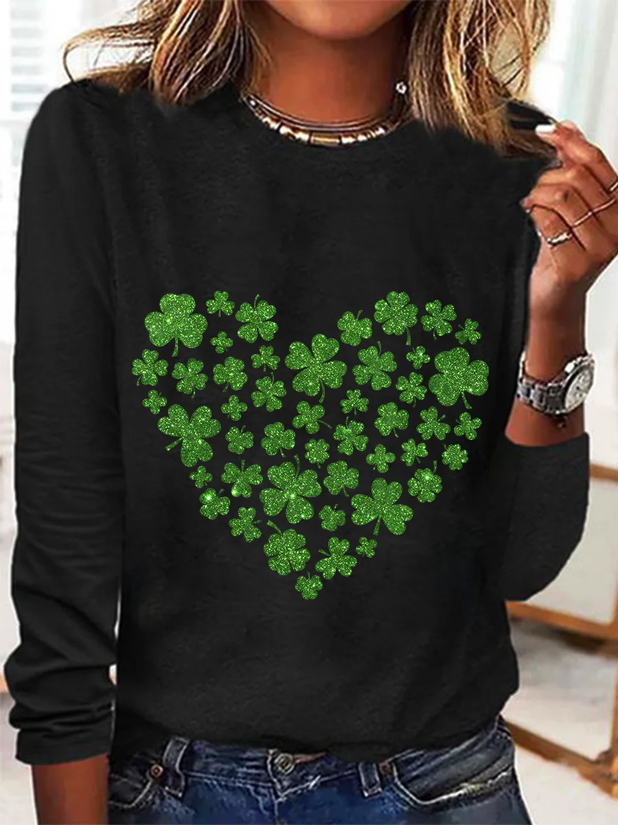 St. Patrick's Day Crew Neck Long Sleeve Heart/Cordate Regular Medium Elasticity Loose Blouse For Women