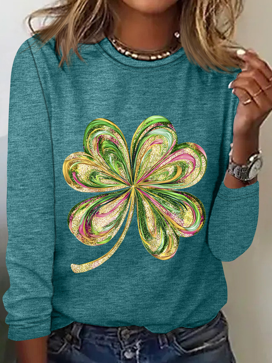 St. Patrick's Day Four-leaf Clover Regular Medium Elasticity Loose Blouse For Women