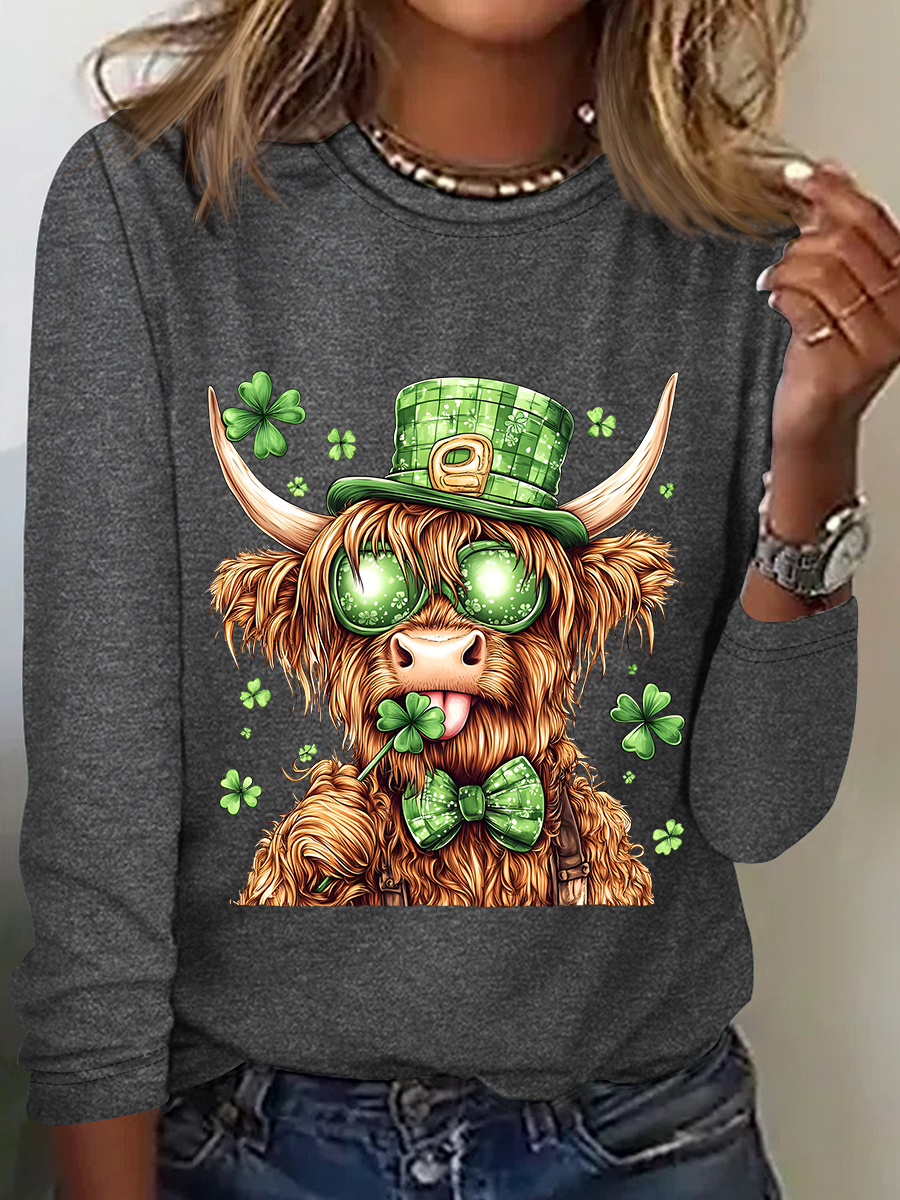 St. Patrick's Day Crew Neck Long Sleeve Cattle Regular Medium Elasticity Loose Blouse For Women