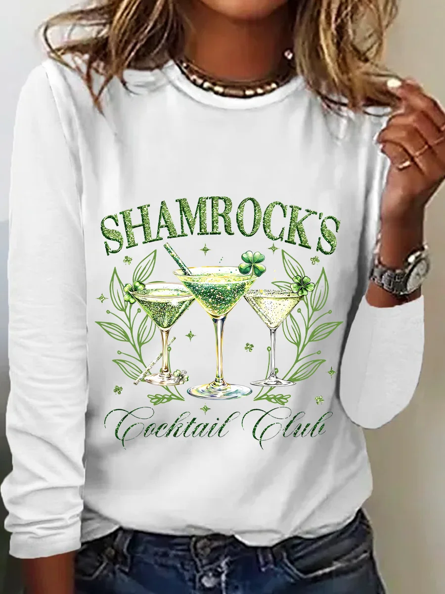 St. Patrick's Day Crew Neck Long Sleeve Text Letters Regular Medium Elasticity Loose Blouse For Women