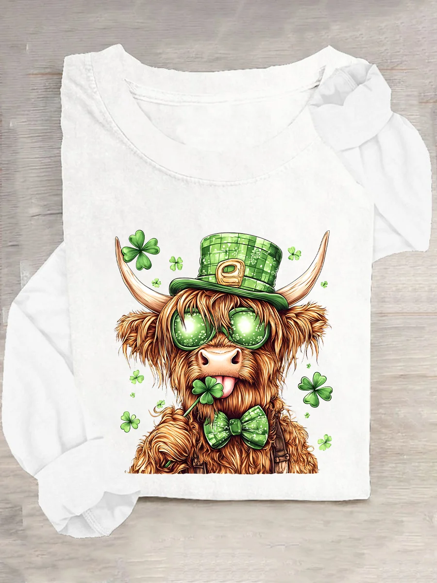 St. Patrick's Day Crew Neck Long Sleeve Cattle Regular Medium Elasticity Loose Blouse For Women