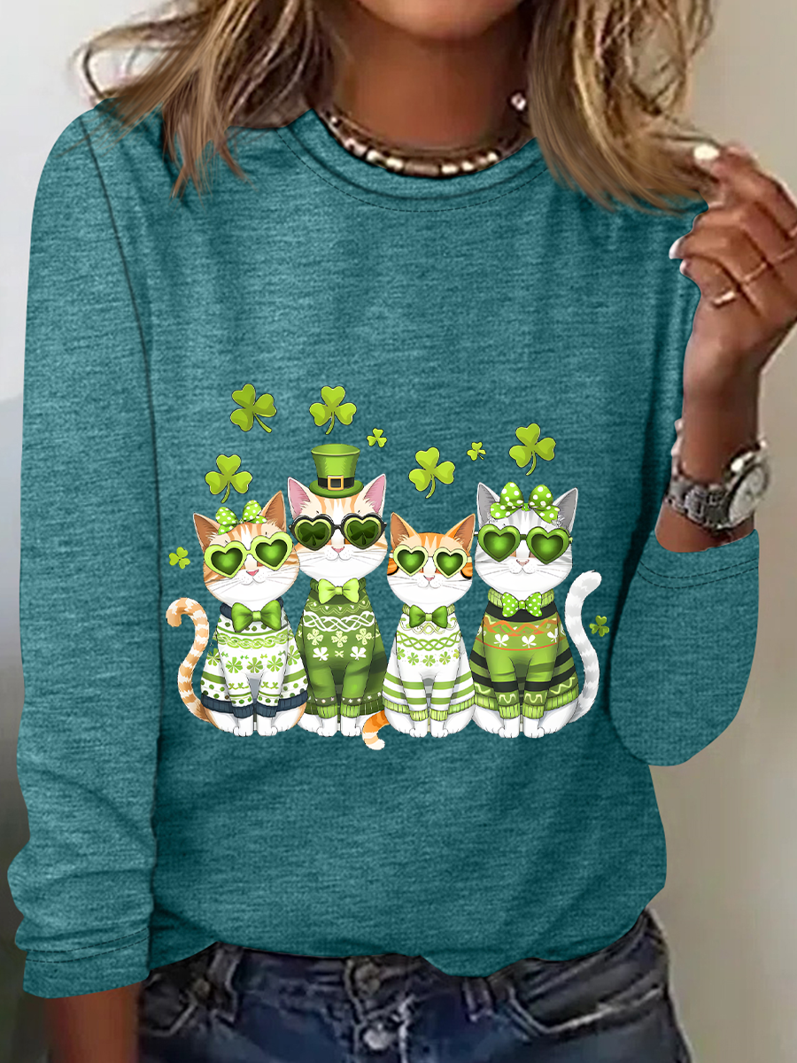 St. Patrick's Day Crew Neck Long Sleeve Cat Regular Medium Elasticity Loose Blouse For Women