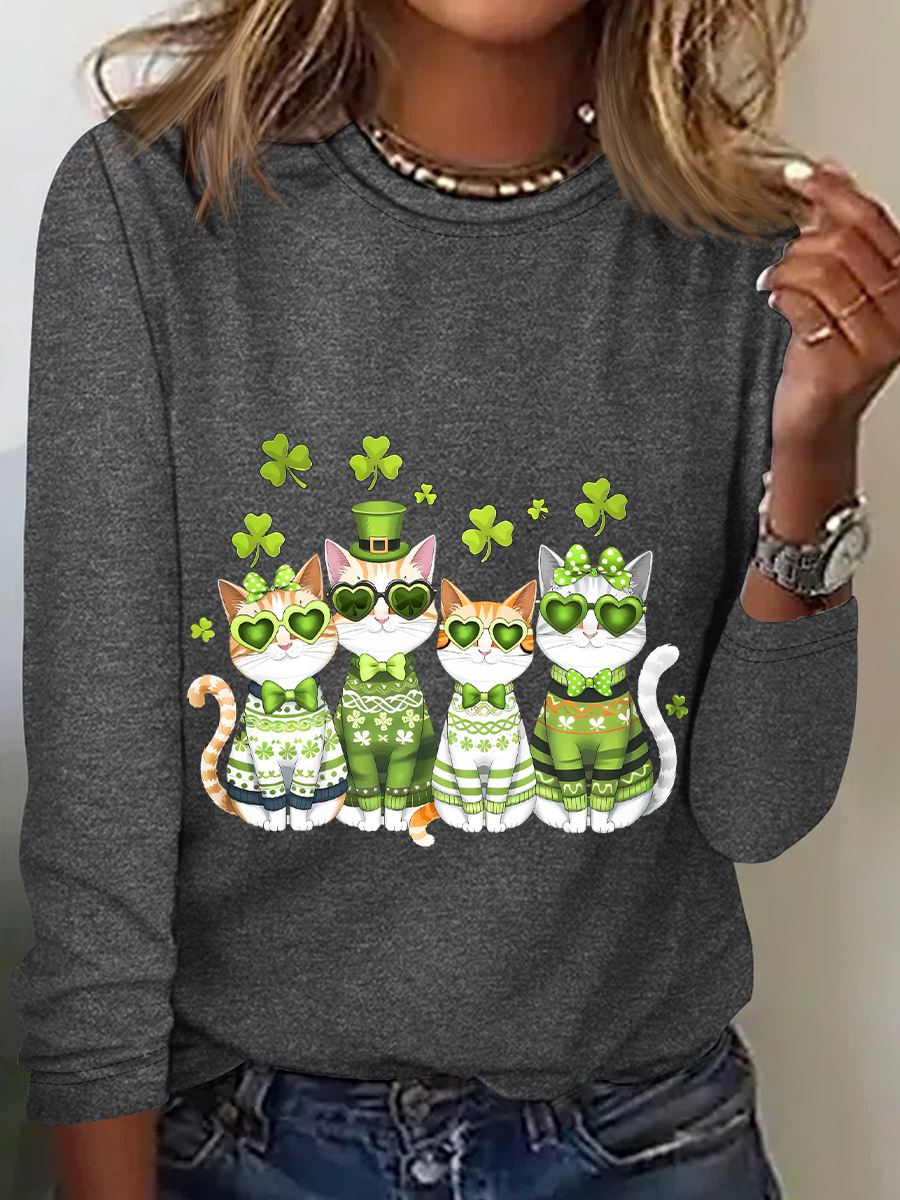 St. Patrick's Day Crew Neck Long Sleeve Cat Regular Medium Elasticity Loose Blouse For Women