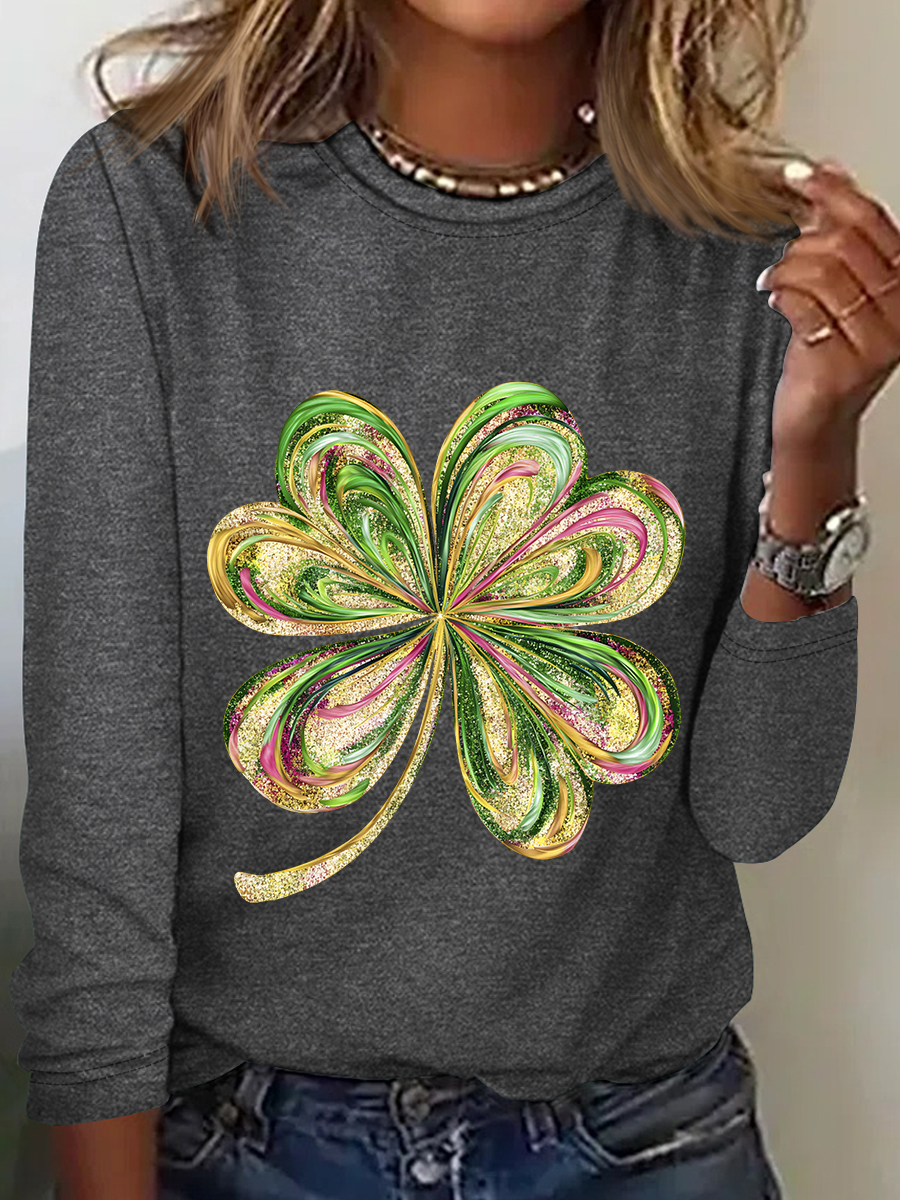 St. Patrick's Day Four-leaf Clover Regular Medium Elasticity Loose Blouse For Women