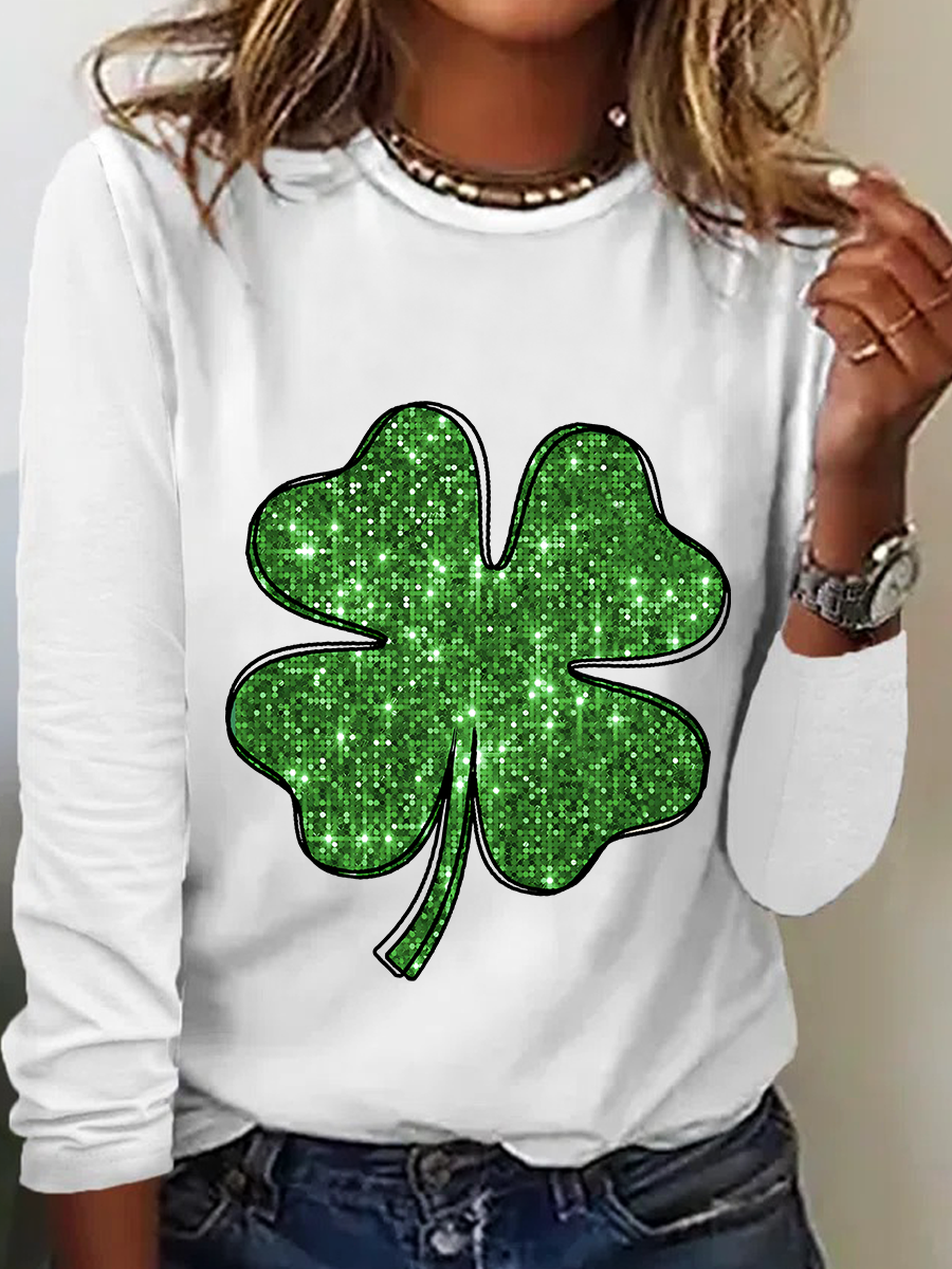 St. Patrick's Day Crew Neck Long Sleeve Four-leaf Clover Regular Medium Elasticity Loose Blouse For Women