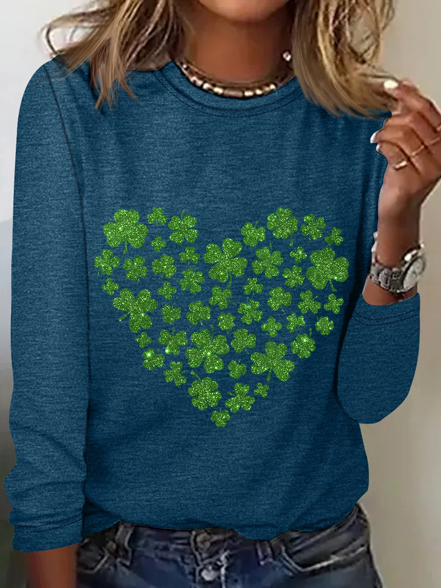 St. Patrick's Day Crew Neck Long Sleeve Heart/Cordate Regular Medium Elasticity Loose Blouse For Women