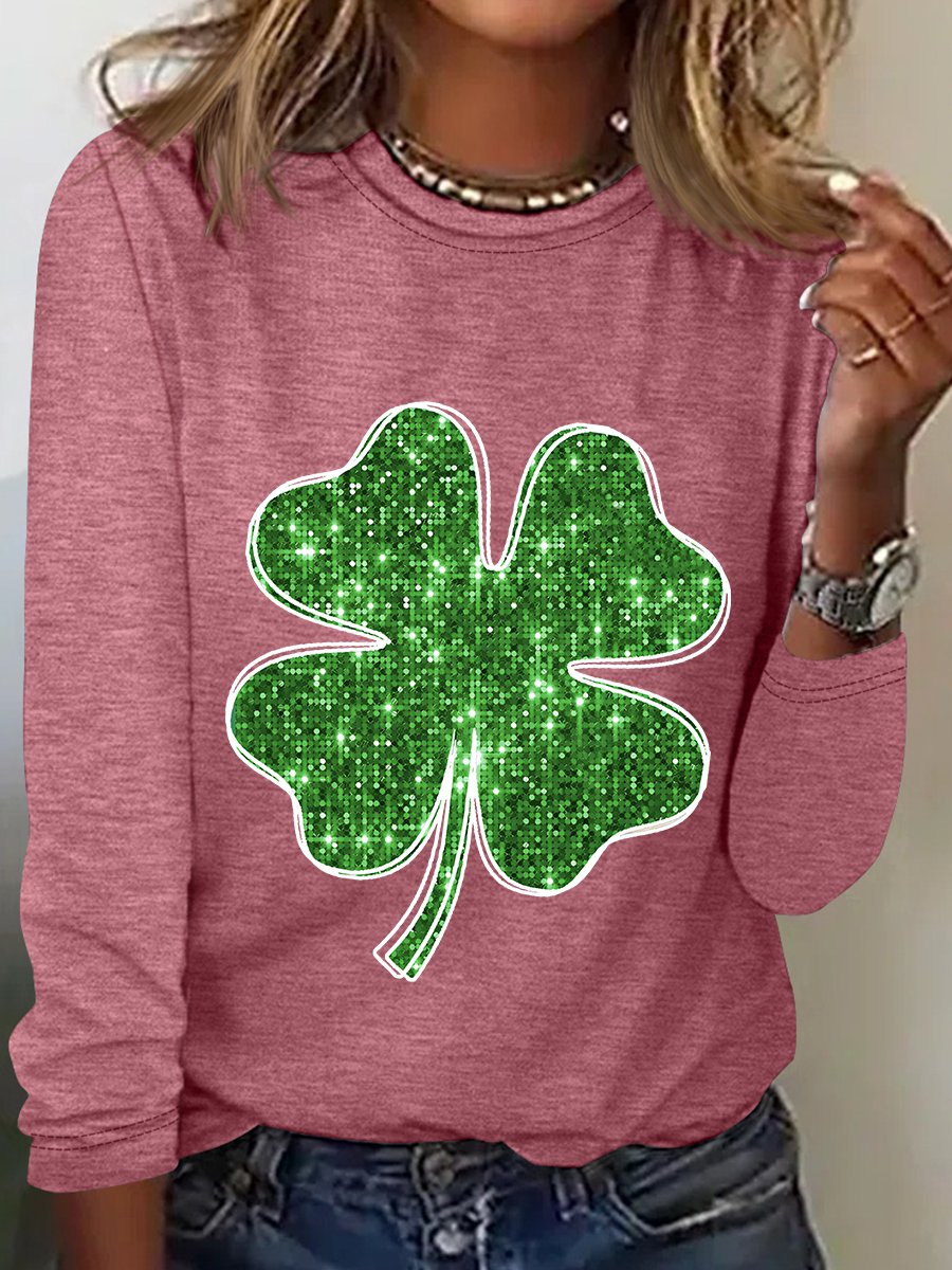 St. Patrick's Day Crew Neck Long Sleeve Four-leaf Clover Regular Medium Elasticity Loose Blouse For Women