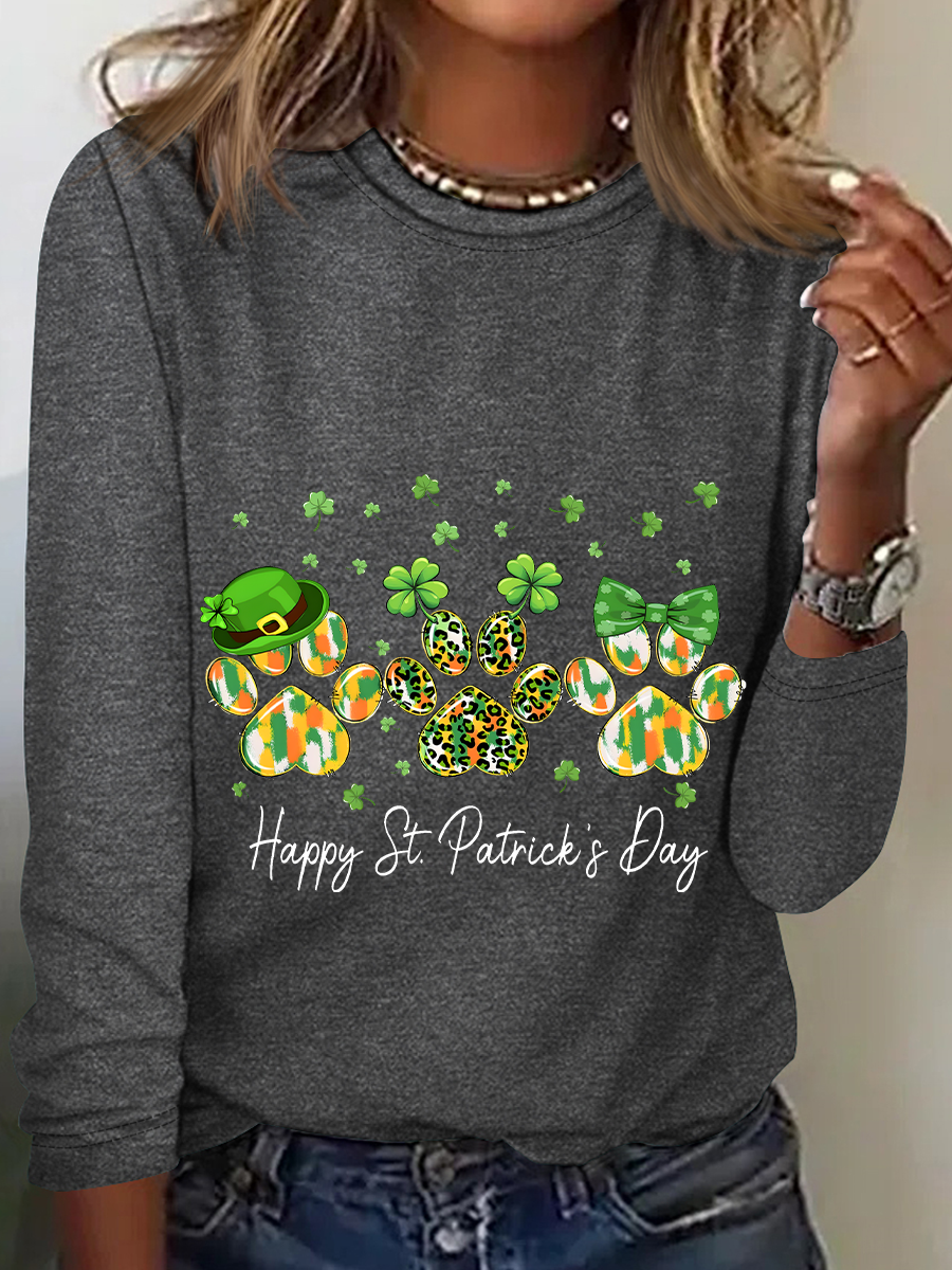 St. Patrick's Day Crew Neck Long Sleeve Text Letters Regular Medium Elasticity Loose Blouse For Women