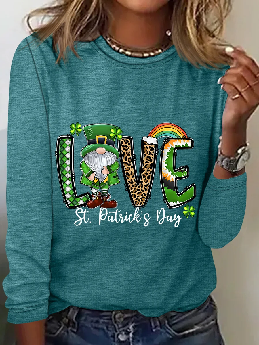 St. Patrick's Day Crew Neck Long Sleeve Text Letters Regular Medium Elasticity Loose Blouse For Women